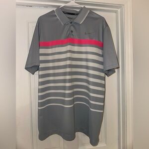 NWOT Nike golf tour performance dry fit gray with pink and white stripes Sz XL